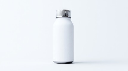 White Supplement Bottle Silver Cap Minimalist Style High-resolution Studio Lighting Centered Vertical Shot Clean Design Product Packaging Pure White Background Neutral Mood Ideal for Mockups