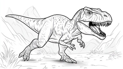 Prehistoric Dinosaur Running in Mountain Landscape. Coloring Book