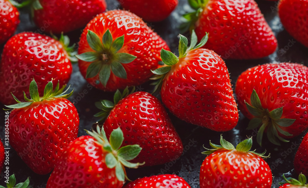 Poster bunch of red strawberries on a black surface. the strawberries are ripe and ready to eat. there are 