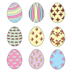 Collection of hand-drawn Easter eggs with various cute and decorative patterns including floral, abstract, and character elements. Perfect for springtime designs, seasonal illustrations.