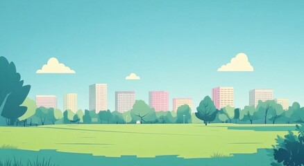 An abstract cityscape with a park under a bright blue sky