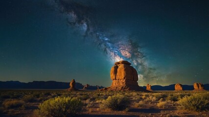 A stunning night sky over rock formations, showcasing the Milky Way's beauty.
