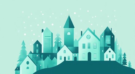A teal minimalist illustration of a winter village during a snowfall