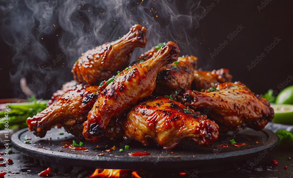 Poster plate of chicken wings with a lot of smoke coming from them. there are also some asparagus and limes