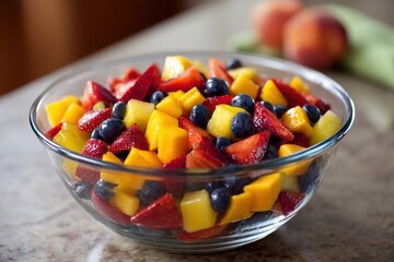 A vibrant fruit salad in a sunny kitchen, showcasing freshness and health