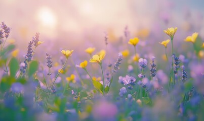 Vibrant sunset illuminates field of yellow and purple wildflowers.
