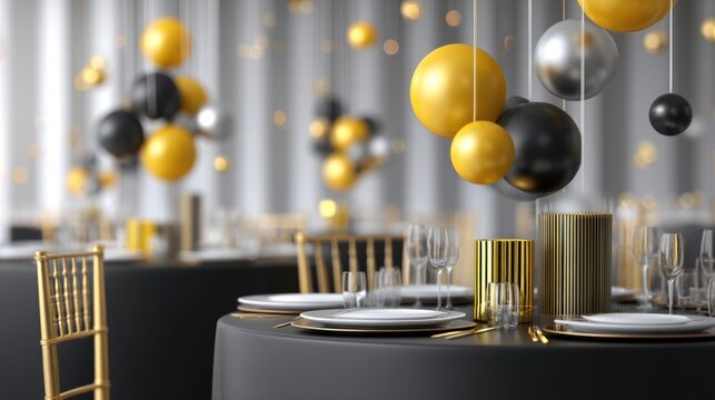 Luxury events gala dinner and elegant decor, A stylish, elegant dining setup featuring black and gold decorations, with suspended ornaments, creating a festive atmosphere.