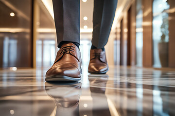 Fototapeta premium A low-angle view of a man in formal attire walking confidently down a modern office hallway, showcasing polished brown dress shoes and sleek trousers reflecting off the shiny marble floor.