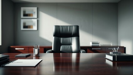 Modern office interior showing executive desk and leather chair
