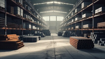 Large industrial warehouse storing building materials with metal beams and concrete blocks