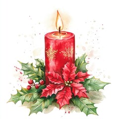 A festive watercolor painting showing a lit red candle and flowers