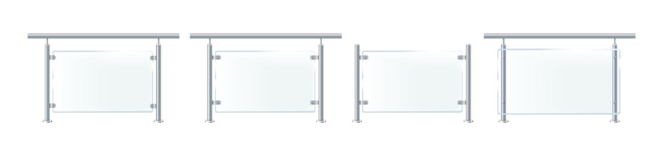 Glass or plexiglass fence with banisters. Architectural guardrail for balcony or office terrace.