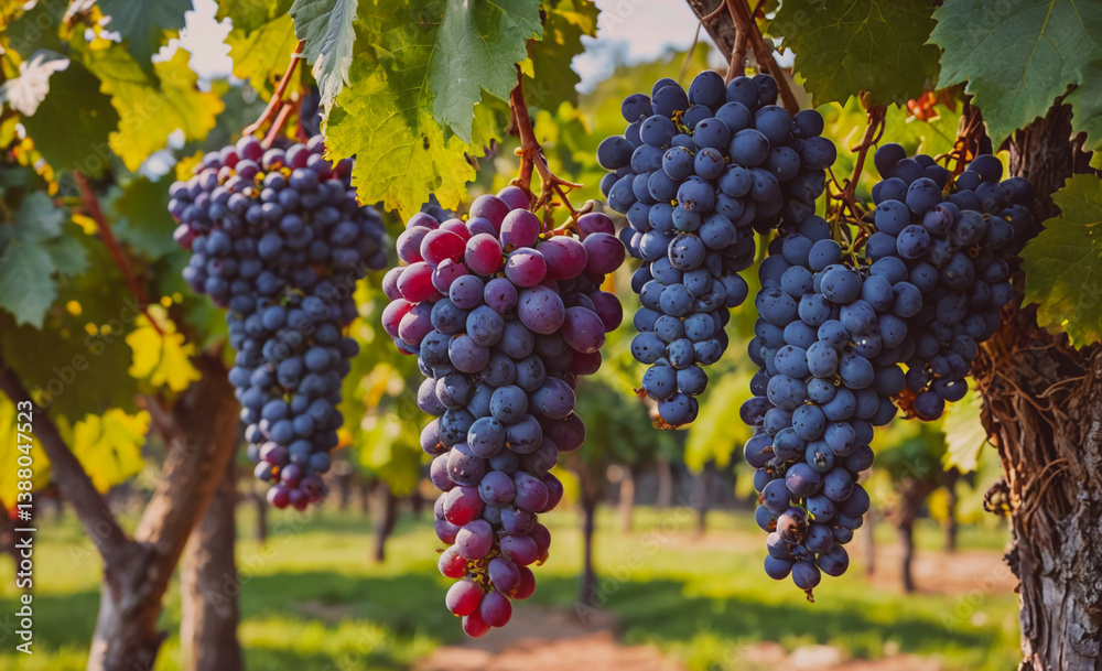 Poster Bunch of grapes hanging from a tree. The grapes are purple and red. There are many grapes on the tree