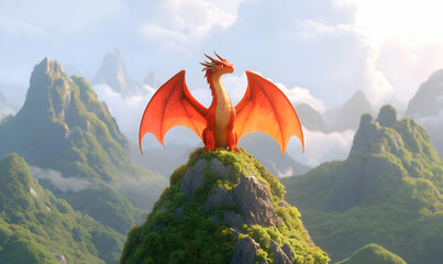 Majestic Red Dragon Sitting Proudly on Mountain Peak at Sunrise