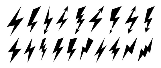 Lightning comic icons set. Volt elements in pop art style. Flash signs. Charge and voltage symbols. Thunder and lightning strikes in cartoon style. Flash illustrations collection.