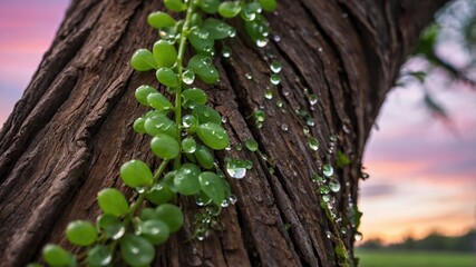 Obraz premium Close-up of green leaves with water droplets on a textured tree trunk at sunset.