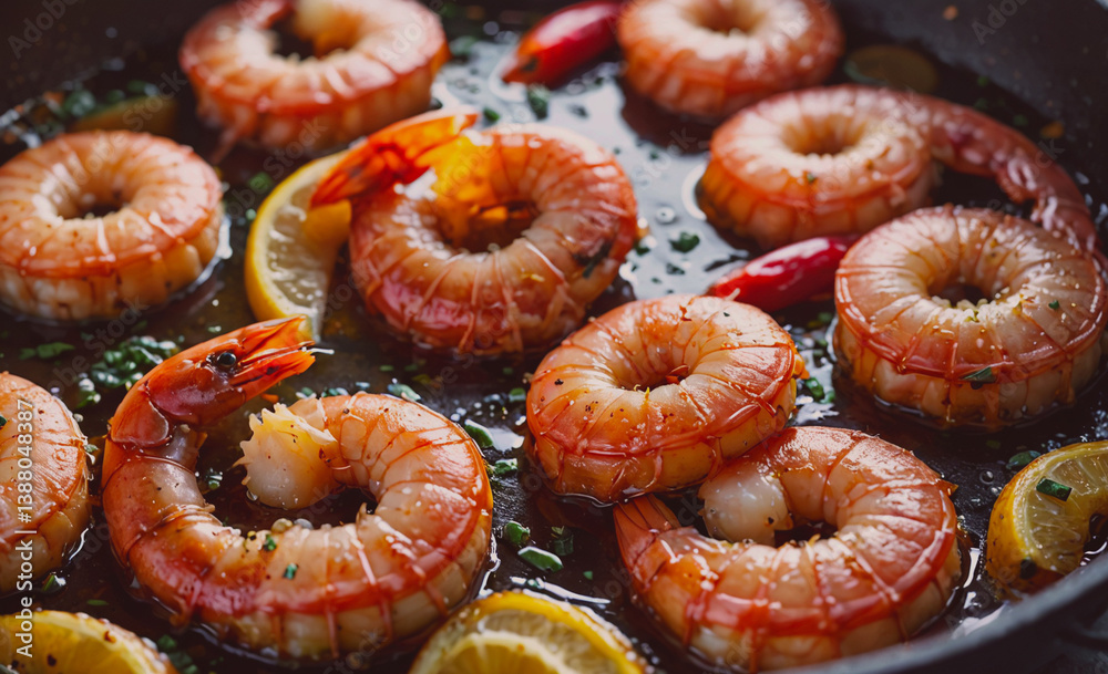 Poster plate of shrimp with lemon wedges. the shrimp are in a pan with a sauce. there are many shrimp on th