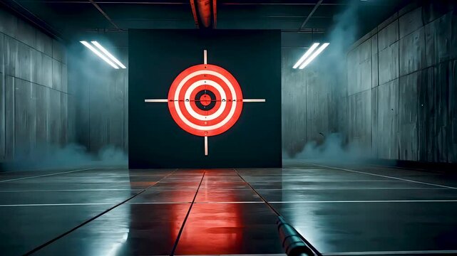 Glowing red target in dark indoor shooting range with moody lighting and smoke