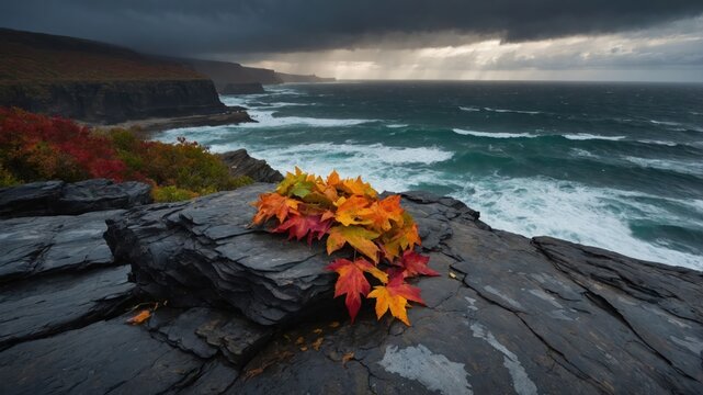 A scenic coastal view featuring autumn leaves on rocks with turbulent ocean waves.