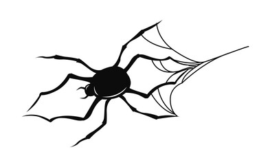 Black spider with stylized web extending from one leg, flat graphic style on white background. Concept of Halloween, danger, or creepy insect. Vector illustration
