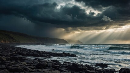 Fototapeta premium A dramatic coastal scene with dark clouds and rays of sunlight illuminating the ocean waves.