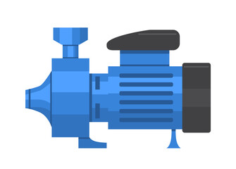 Industrial water pump icon in flat cartoon style, shown in blue tones with minimal detailing on a clean white background. Concept of mechanical equipment. Vector illustration