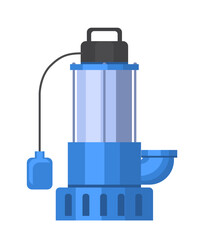 Submersible water pump in blue tones with float switch, flat graphic style, isolated on white background. Concept of plumbing and water systems. Vector illustration