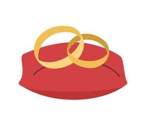 Two golden wedding rings placed on a red pillow, in flat cartoon style, isolated on a white background. Concept of marriage ceremony. Vector illustration