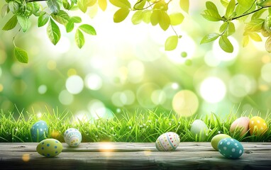 Easter background with green leaves, grass, and Easter eggs on a wooden table. Copy space for