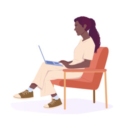 Young woman sitting on a red armchair using a laptop, flat cartoon vector style on white background. Concept of remote work or online learning. Vector illustration