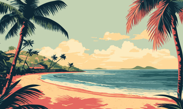 Vintage Caribbean Island Postcard with Retro Beach Scene and Tropical Vibes