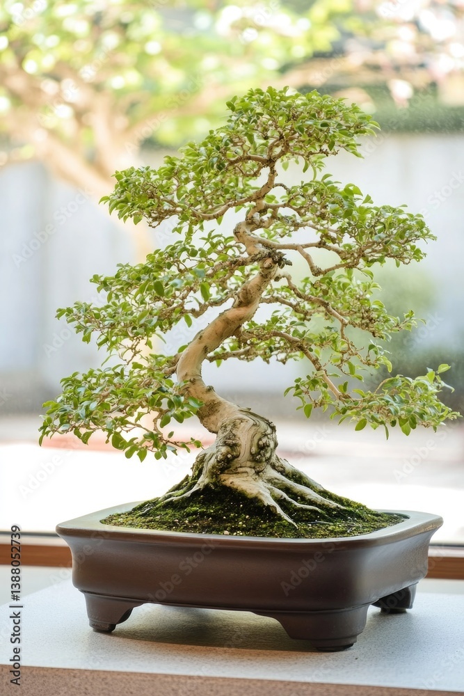 Poster detailed view of bonsai display in tranquil setting intricate craftsmanship highlighted with space f