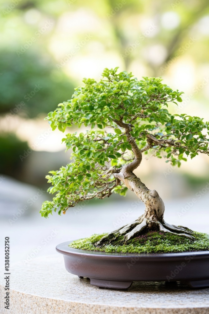 Poster detailed view of bonsai display in tranquil setting intricate craftsmanship highlighted with space f