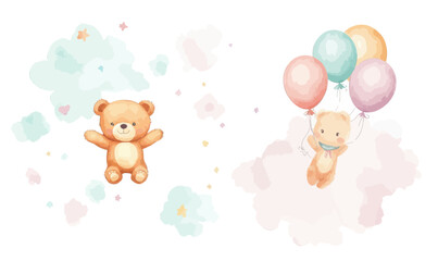 Obraz premium Adorable Baby Bear Flying with Balloons in Watercolor Minimalist Style Vector Art