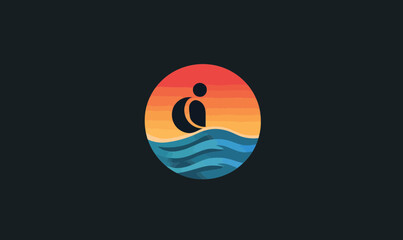 Modern Minimalist Circle Home Logo Design with Ocean Waves - Flat Vector SVG Illustration