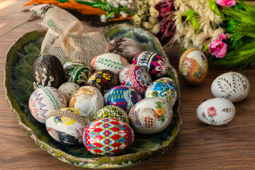 Easter. Colorful Easter eggs and Easter palm