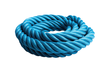 Blue climbing rope coiled into spiral shape on transparent background