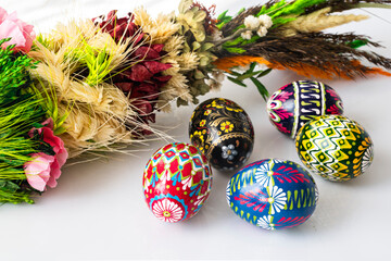 Easter. Colorful Easter eggs and Easter palm