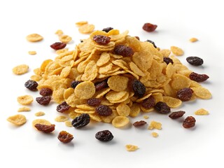 Obraz premium Healthy breakfast with cornflakes, milk, muesli, dried fruits, nuts, and walnuts on a white background