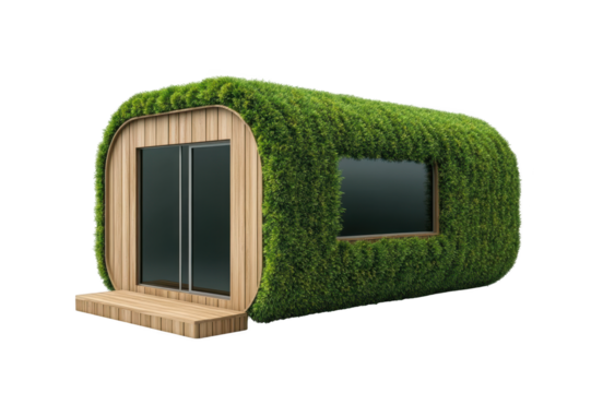 Eco-friendly capsule hotel covered in green grass on transparent background