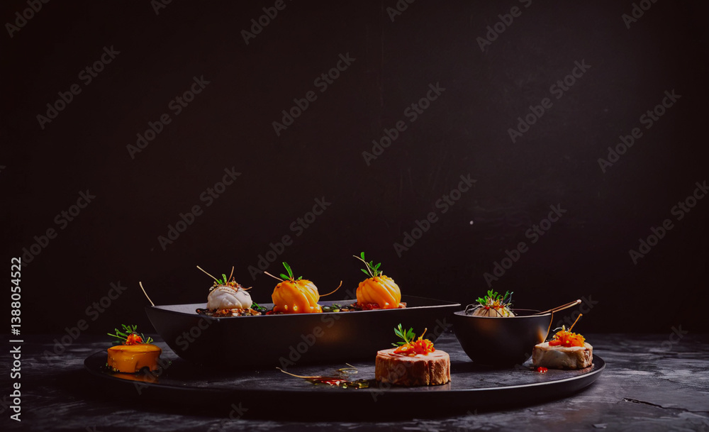 Poster black tray with a variety of food items on it. there are several bowls and plates with different typ