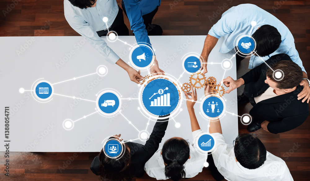 Leinwandbilder A diverse team collaborates at a modern office table, utilizing technology and data analysis to foster strategic business growth and operational efficiency. Amity