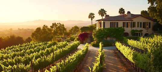 Fototapeta premium A scenic vineyard with rolling hills, lush grapevines, and a wine tasting experience in a picturesque setting