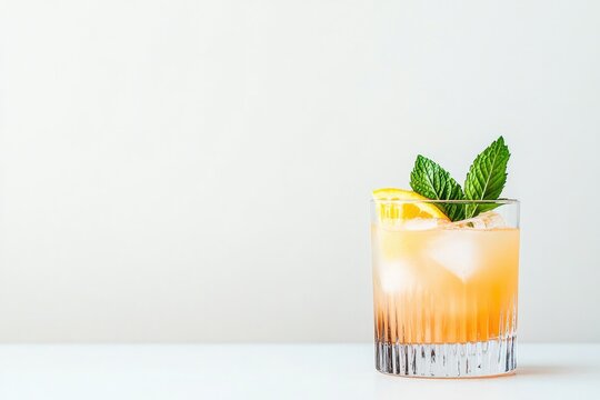 single glass of vibrant cocktail garnished with slice of citrus and sprig of mint sits against stark white background