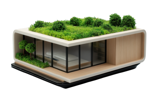 Modern eco-friendly house showcasing sustainable architecture and green roof design on a transparent background