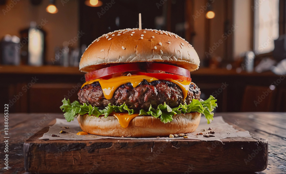 Poster hamburger with a bun and a slice of cheese on top. the bun is brown and the cheese is yellow
