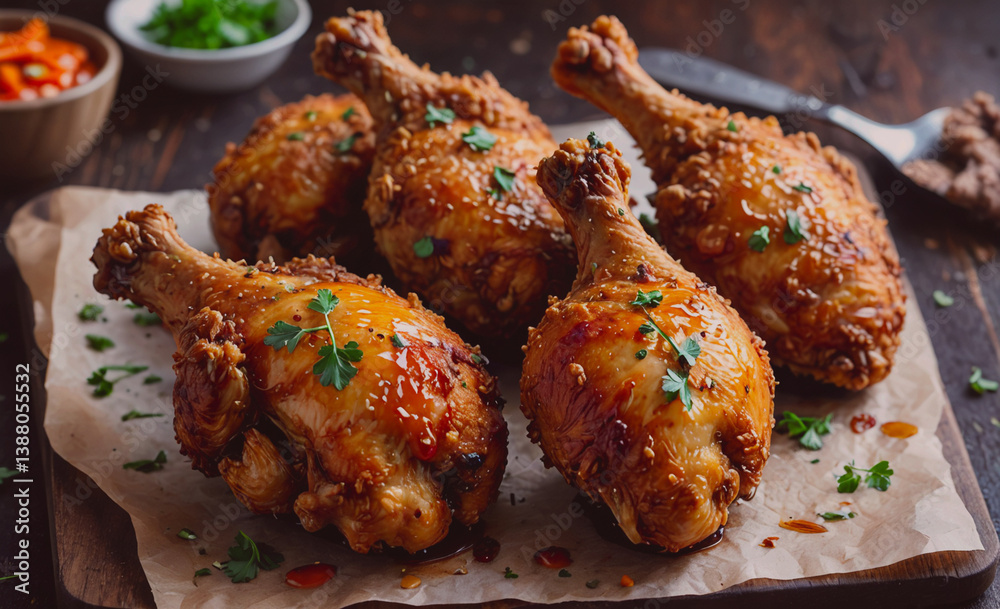 Poster plate of chicken wings with a side of parsley. the chicken wings are covered in a sauce and are sitt