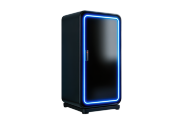 Modern server cabinet glowing with blue neon light on transparent background