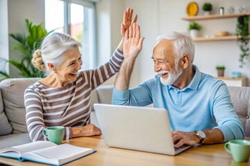 Fototapeta premium Happy elderly partners sit at home, high-fiving after successfully using a laptop to access online information and calculate their budget.