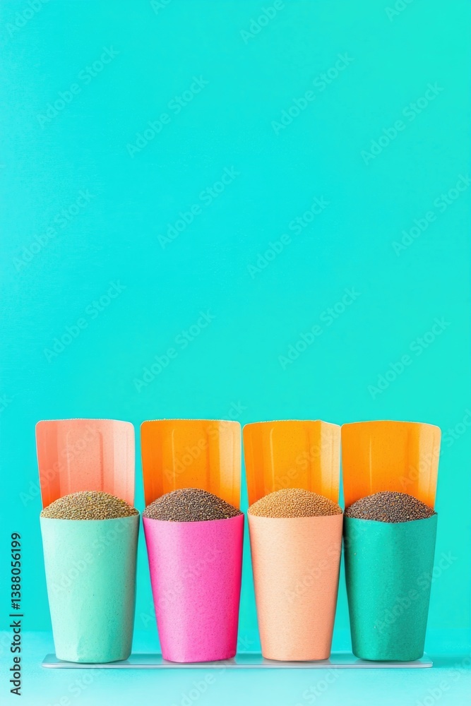 Poster engaging image of vibrant seed packets arranged neatly on display stand background clean and minimal